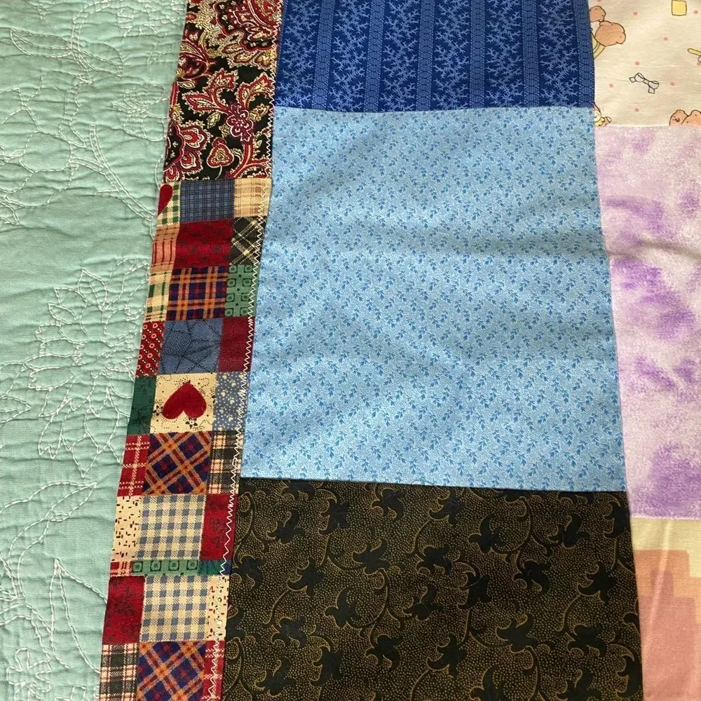 Colorful child’s Patchwork Quilt Throw 40” x 39” handmade reversible
